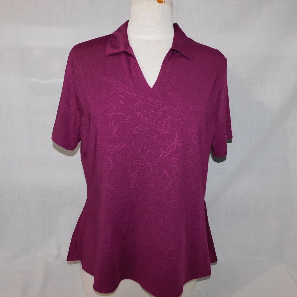 Callaway Opti Dri Purple Plum V Neck Golf Polo Shirt Back Ruffle Womens L